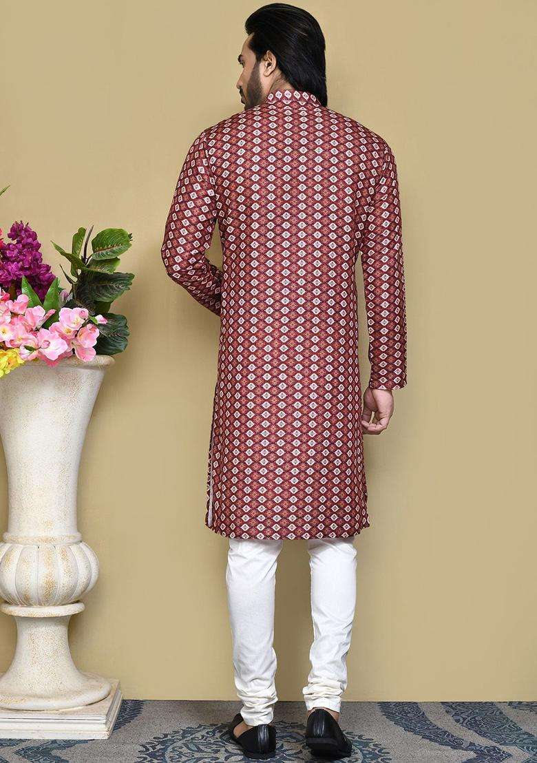 Multi Embroidered Cotton Kurta Set For Men - Indya