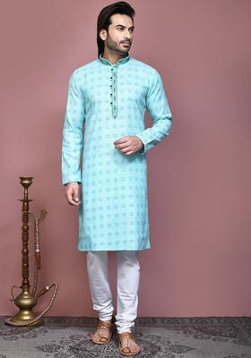 Blue Embroidered Cotton Kurta Set For Men