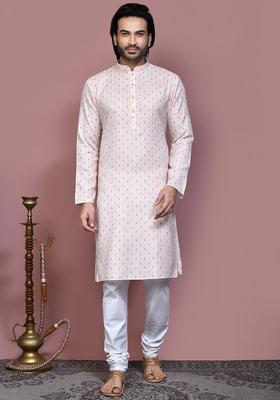 Beige Embroidered Cotton Kurta Set For Men