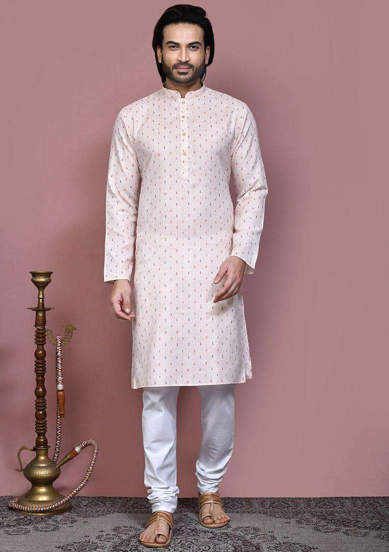Beige Embroidered Cotton Kurta Set For Men - Indya