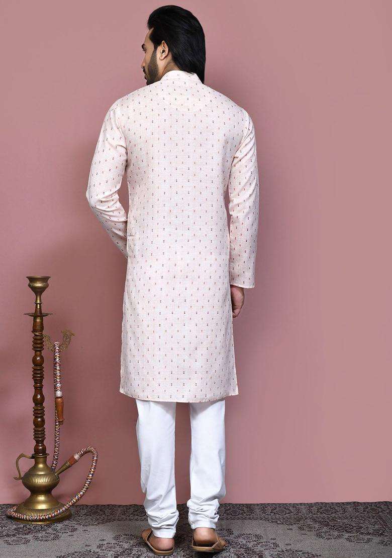 Beige Embroidered Cotton Kurta Set For Men - Indya