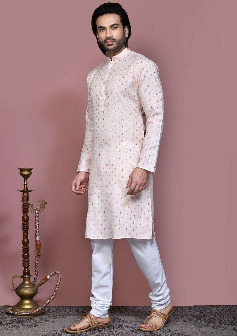 Beige Embroidered Cotton Kurta Set For Men - Indya