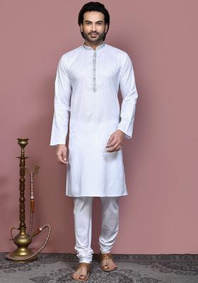 White Embroidered Cotton Kurta Set For Men