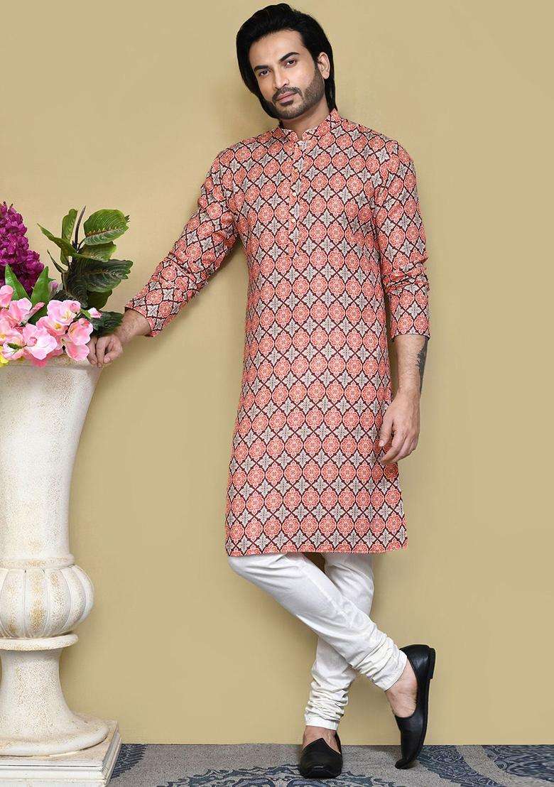 Multi Embroidered Cotton Kurta Set For Men - Indya