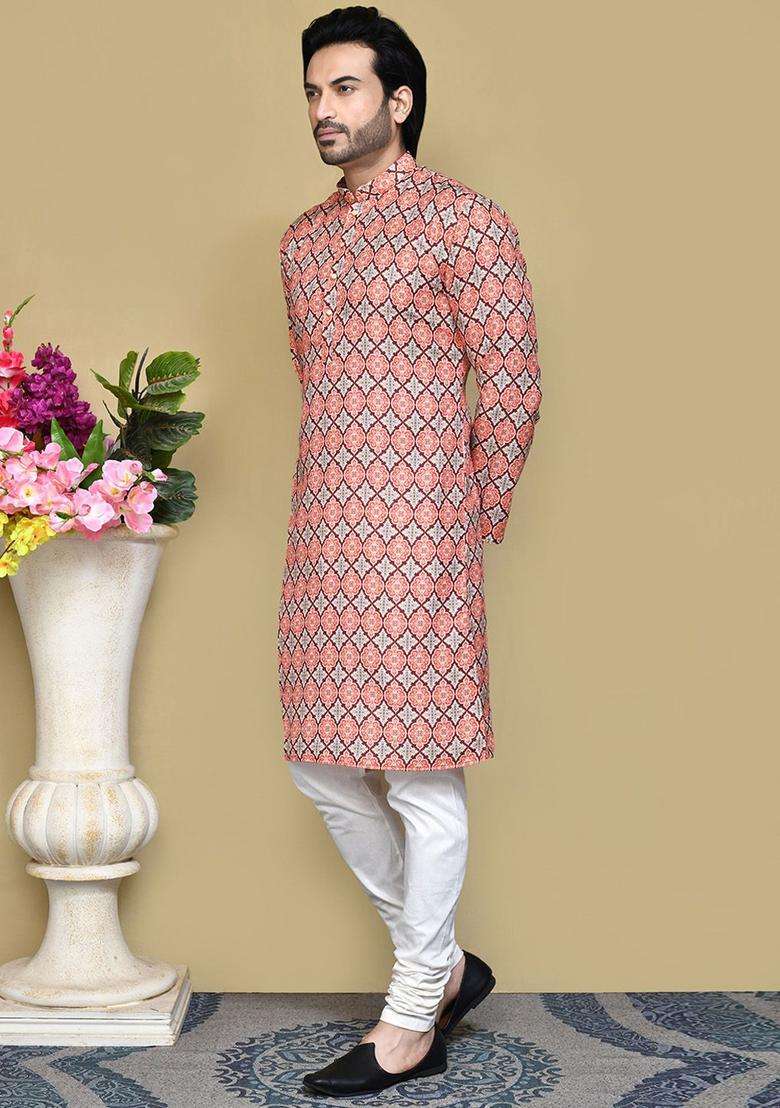 Multi Embroidered Cotton Kurta Set For Men - Indya