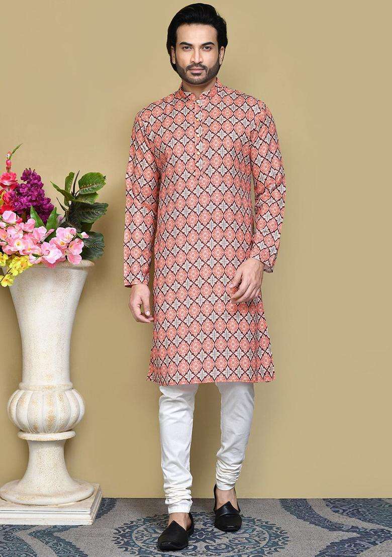 Multi Embroidered Cotton Kurta Set For Men - Indya
