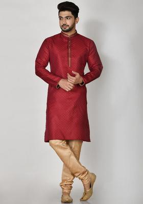 Maroon Woven Design Silk Kurta Set For Men