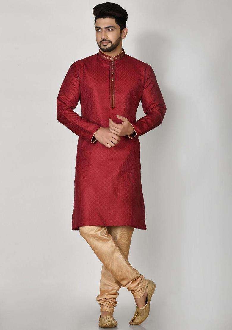 Maroon Woven Design Silk Blend Kurta Set For Men - Indya