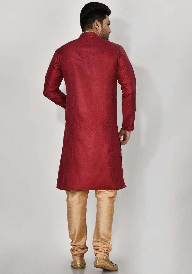 Maroon Woven Design Silk Blend Kurta Set For Men - Indya