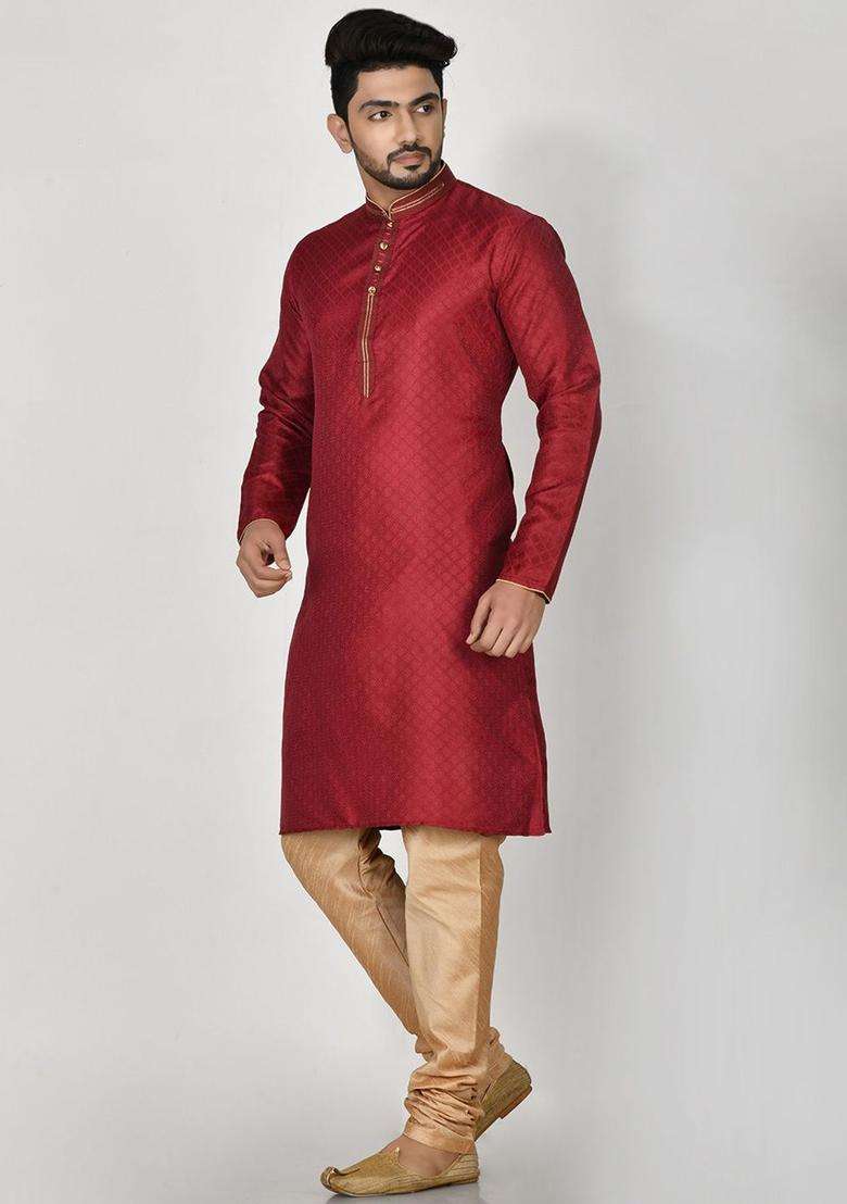 Maroon Woven Design Silk Blend Kurta Set For Men - Indya