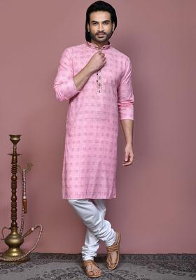 Pink Printed Cotton Kurta Set For Men