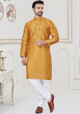 Mustard Printed Silk Kurta Set For Men
