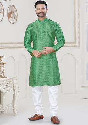 Green Printed Silk Kurta Set For Men