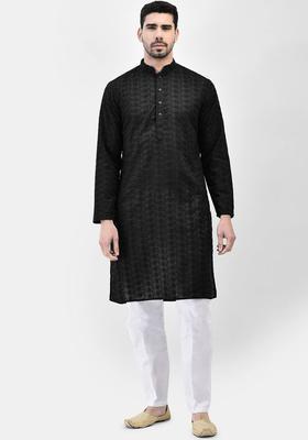 Black Embroidered Cotton Kurta Set For Men