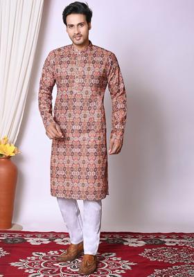 Maroon Embroidered Cotton Kurta Set For Men