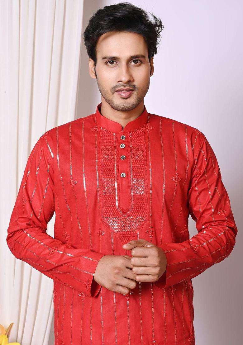 Red Embroidered Cotton Kurta Set For Men - Indya