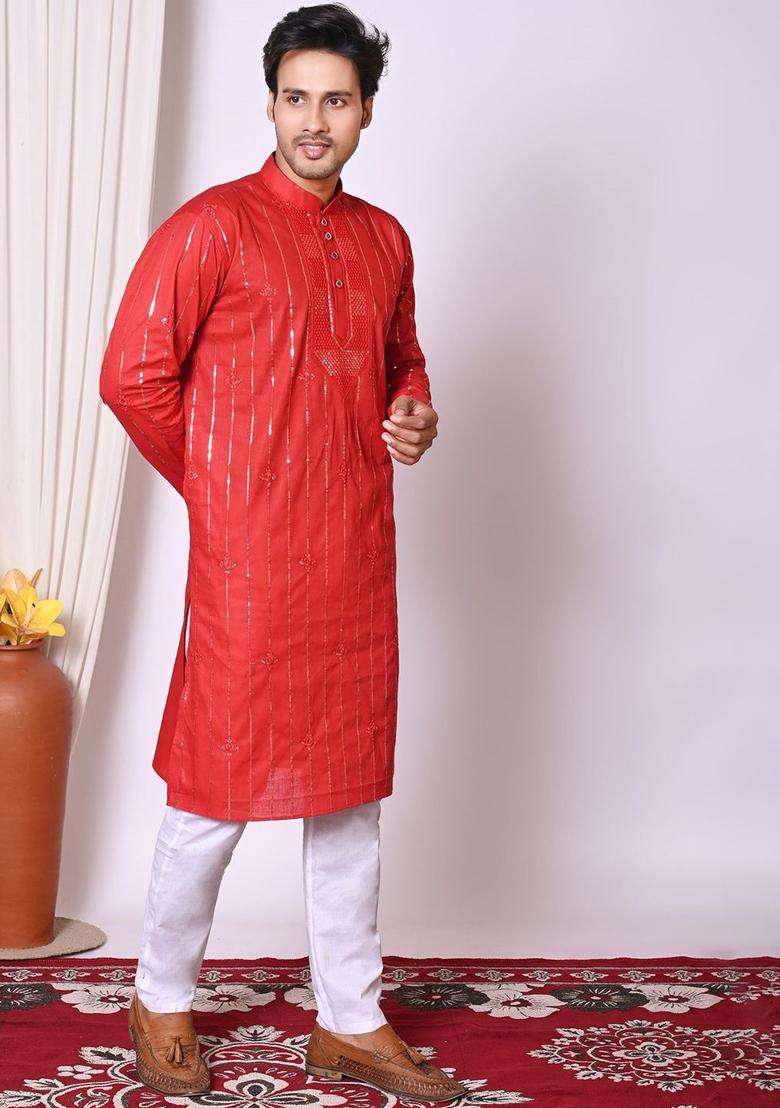 Red Embroidered Cotton Kurta Set For Men - Indya