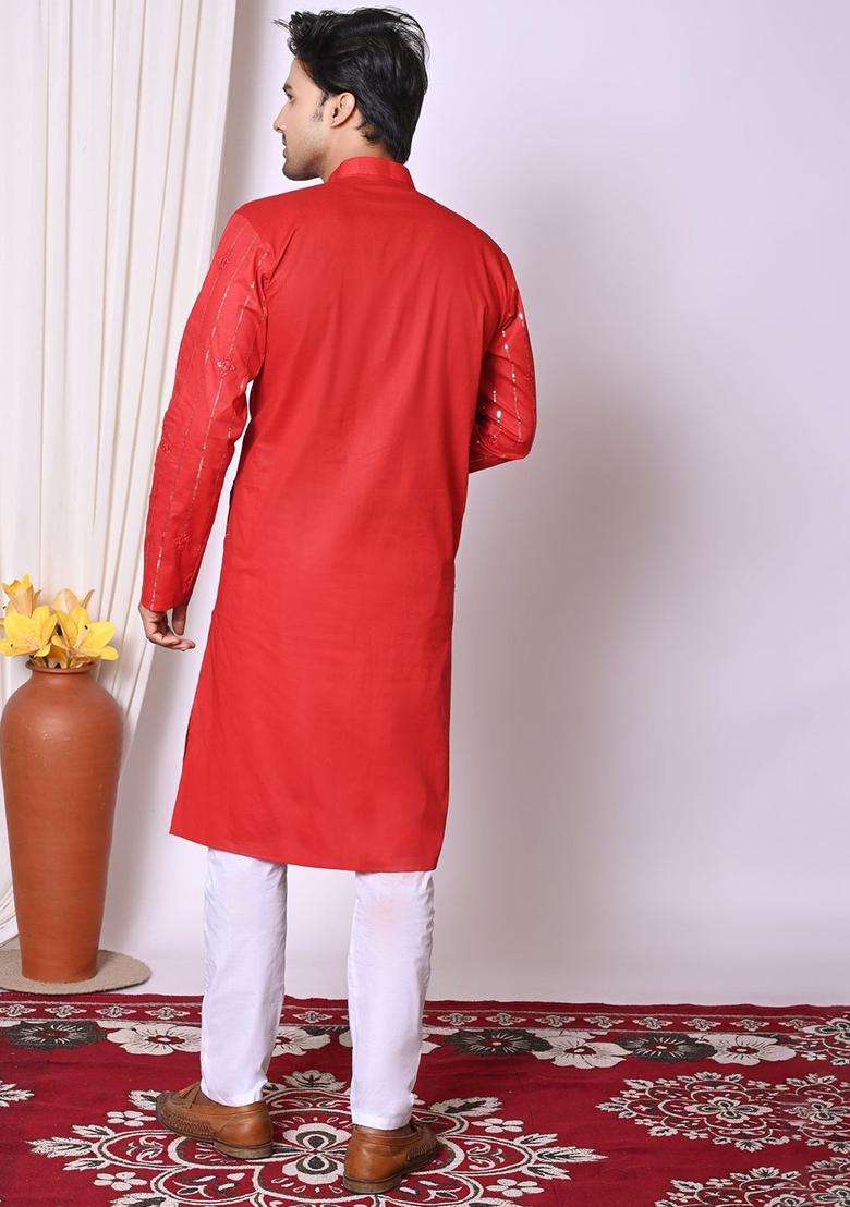 Red Embroidered Cotton Kurta Set For Men - Indya