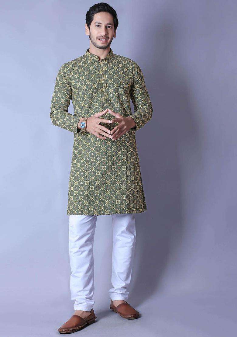 Olive Printed Cotton Kurta Set For Men - Indya