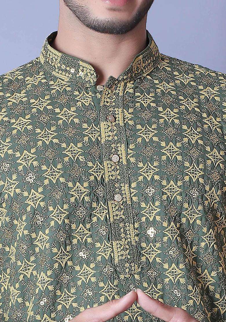 Olive Printed Cotton Kurta Set For Men - Indya