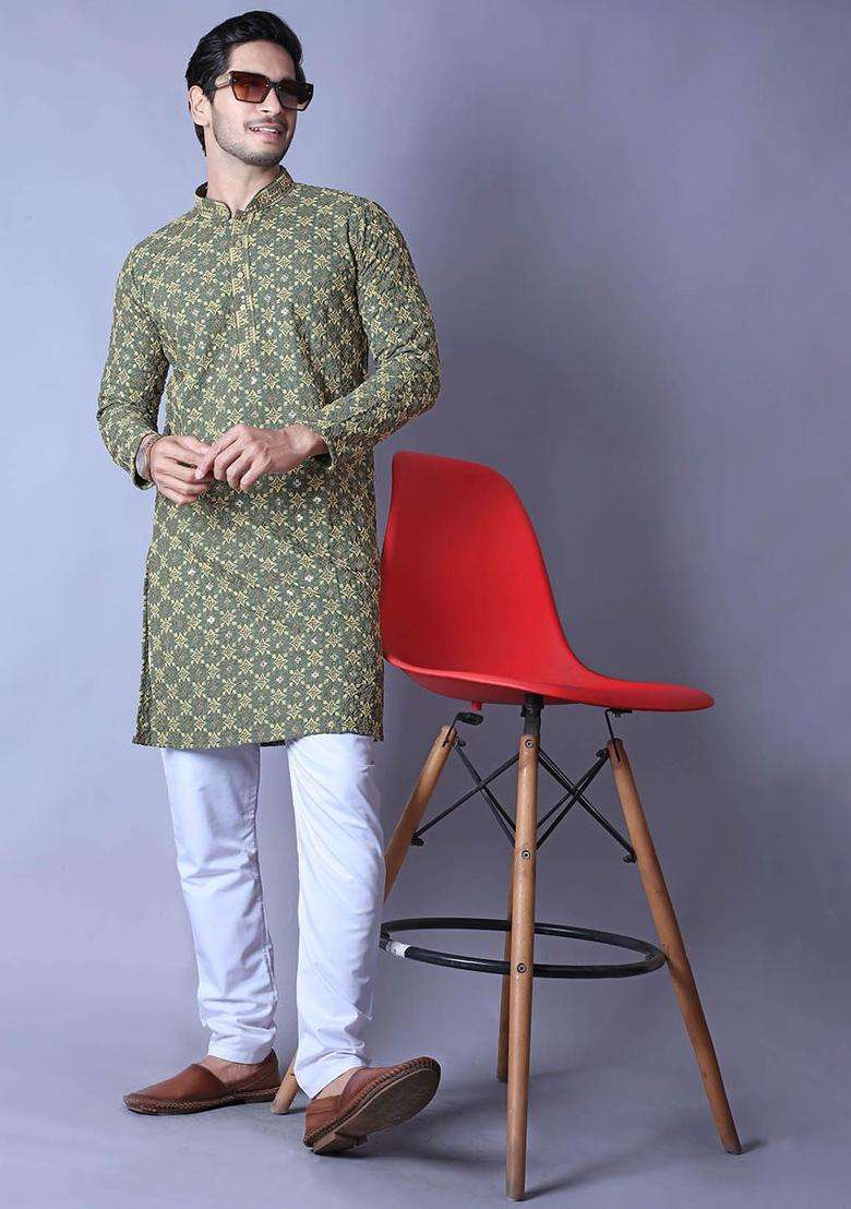 Olive Printed Cotton Kurta Set For Men - Indya
