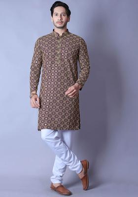 Purple Printed Cotton Kurta Set For Men