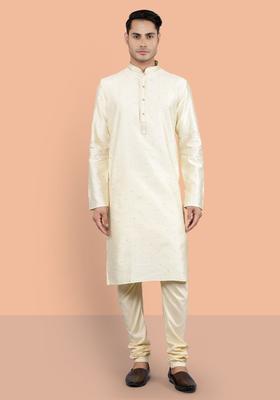 Cream Woven Design Silk Kurta Set For Men