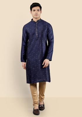 Navy Blue Woven Design Silk Kurta Set For Men