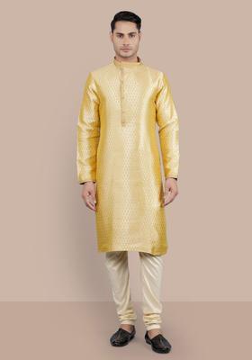 Gold Woven Design Silk Kurta Set For Men