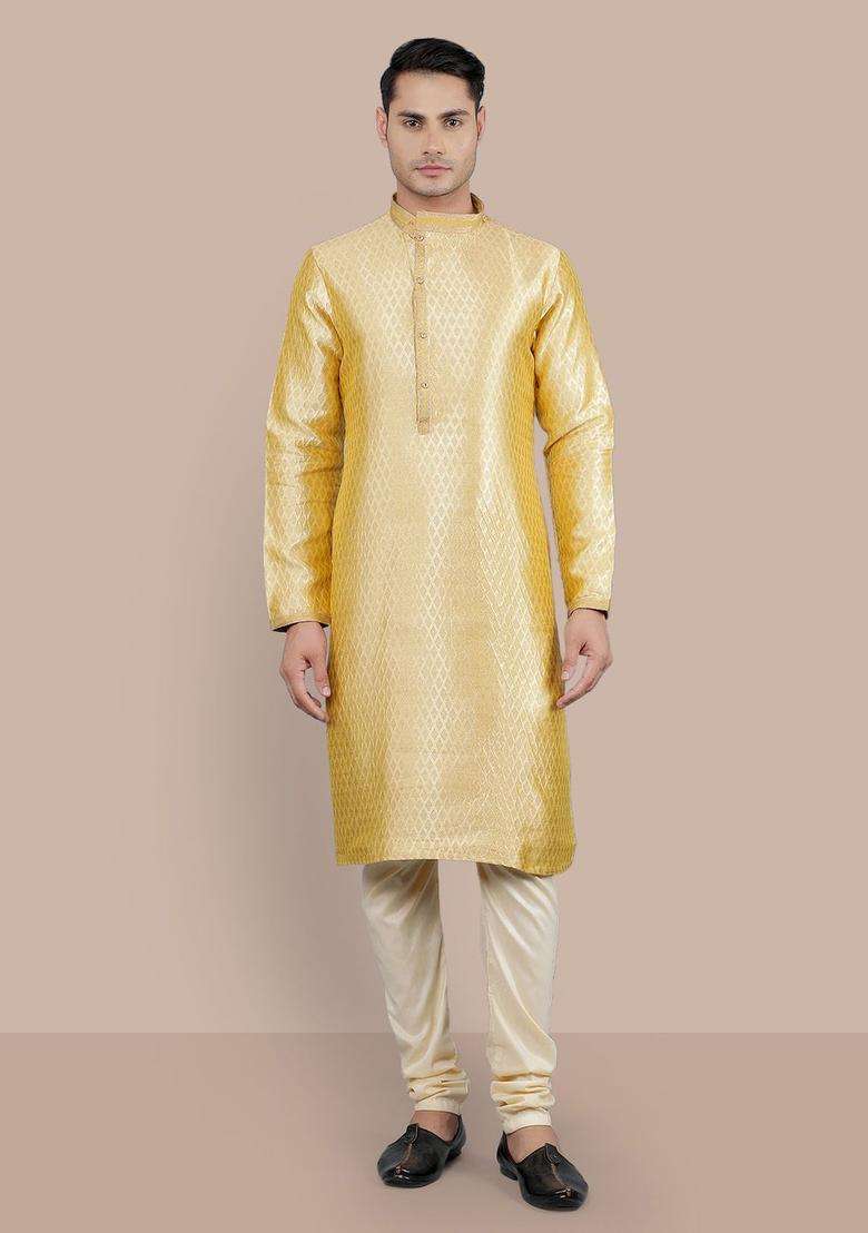 Gold Woven Design Silk Blend Kurta Set For Men - Indya