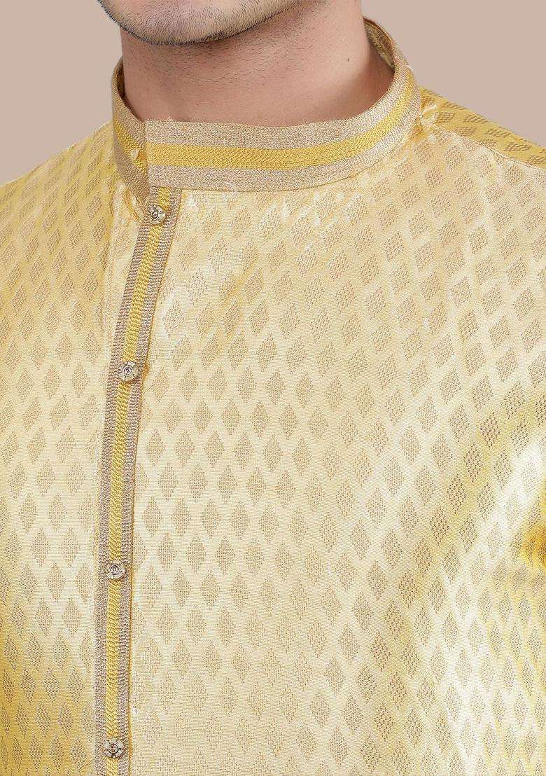 Gold Woven Design Silk Blend Kurta Set For Men - Indya