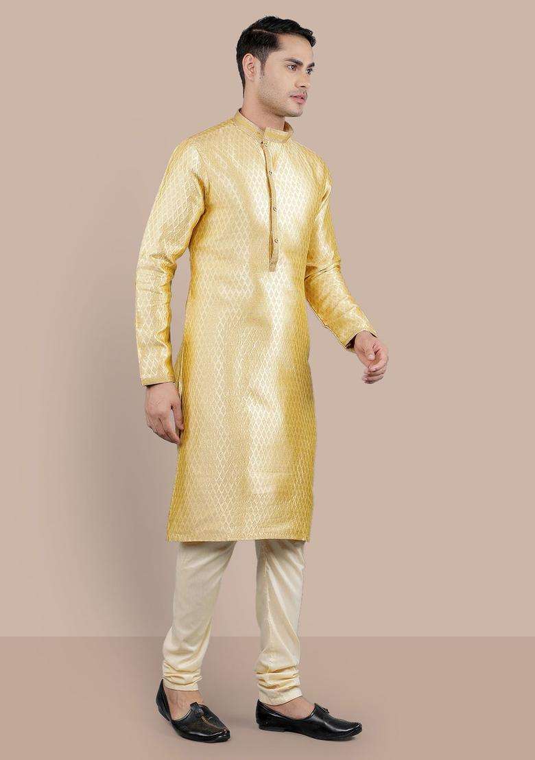 Gold Woven Design Silk Blend Kurta Set For Men - Indya