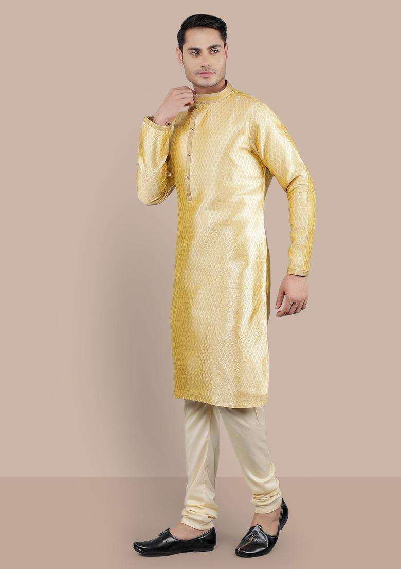 Gold Woven Design Silk Blend Kurta Set For Men - Indya