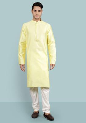 Yellow Woven Design Silk Kurta Set For Men