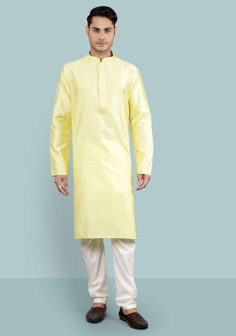 Yellow Woven Design Silk Blend Kurta Set For Men - Indya