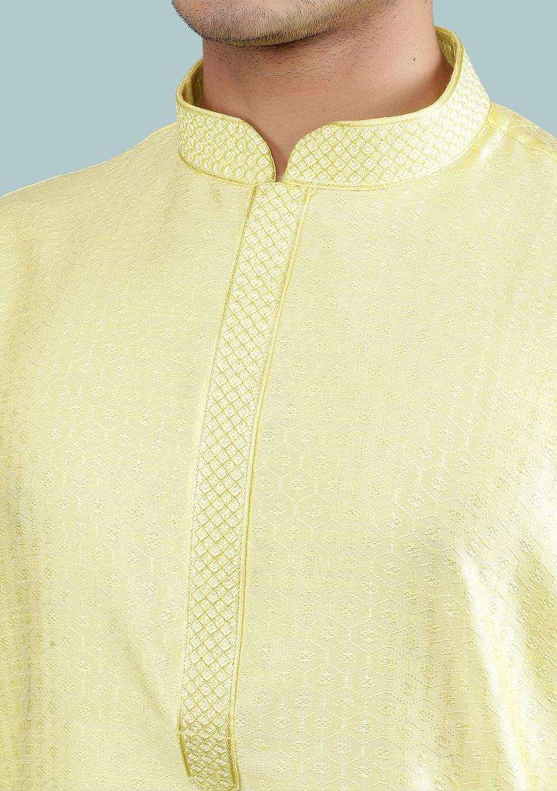 Yellow Woven Design Silk Blend Kurta Set For Men - Indya