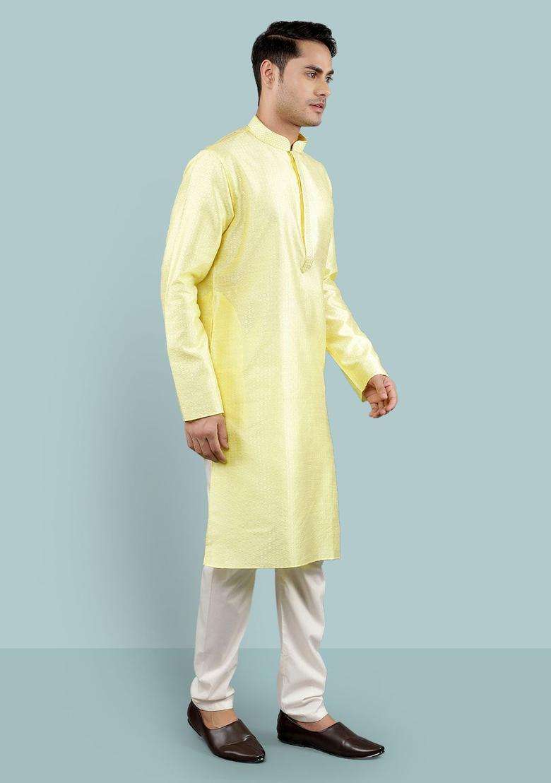 Yellow Woven Design Silk Blend Kurta Set For Men - Indya