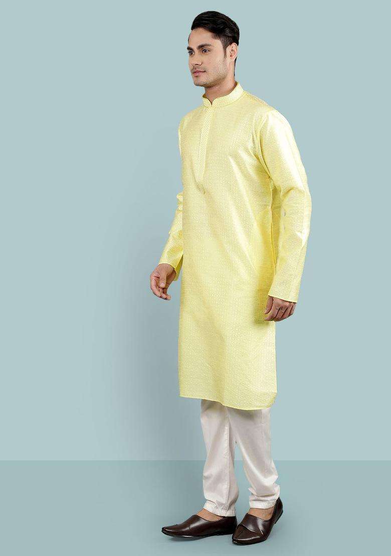 Yellow Woven Design Silk Blend Kurta Set For Men - Indya