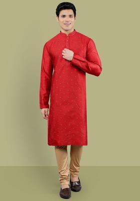 Red Woven Design Silk Kurta Set For Men