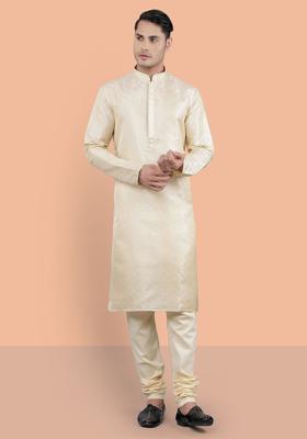 White Woven Design Silk Kurta Set For Men