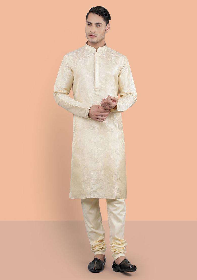 White Woven Design Silk Blend Kurta Set For Men - Indya