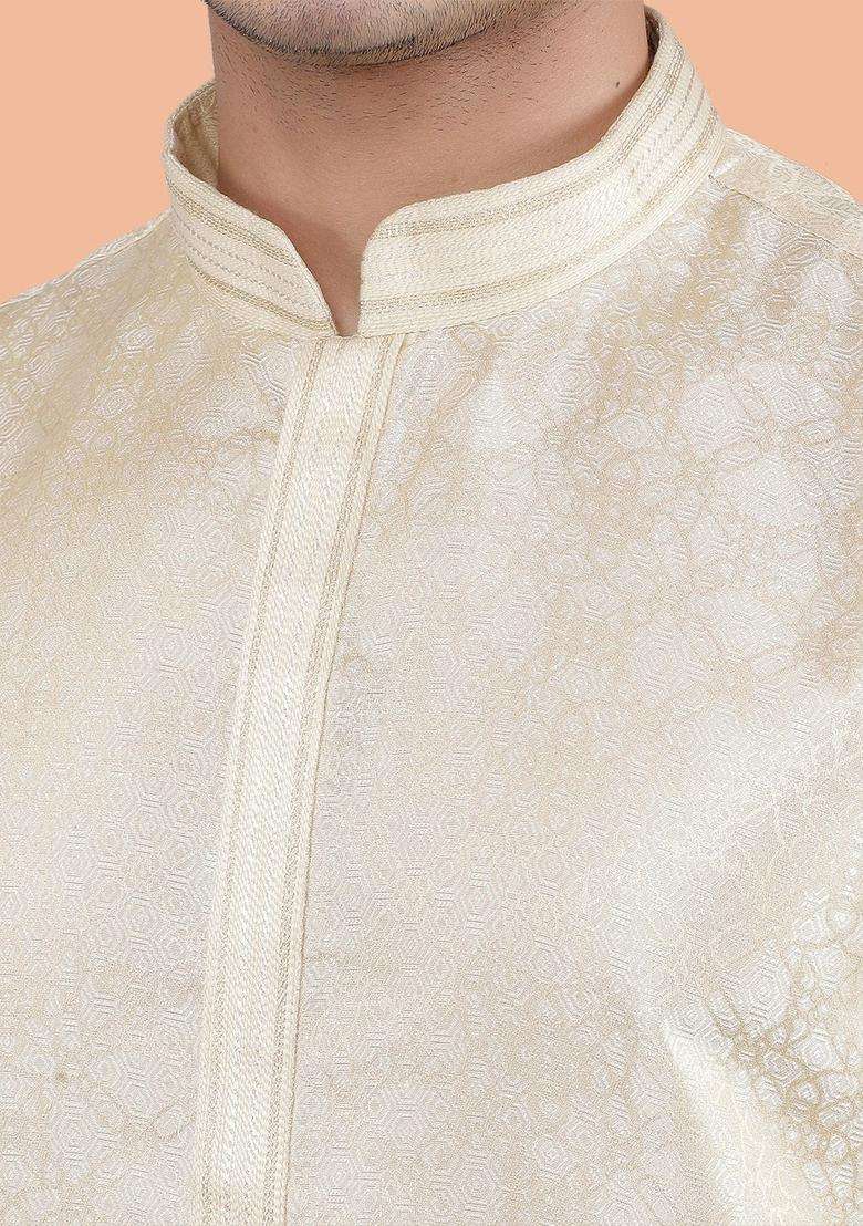 White Woven Design Silk Blend Kurta Set For Men - Indya
