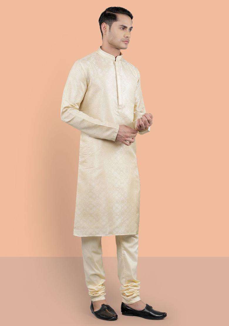 White Woven Design Silk Blend Kurta Set For Men - Indya