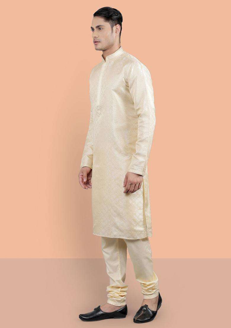 White Woven Design Silk Blend Kurta Set For Men - Indya