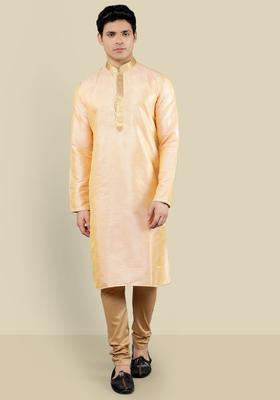 Peach Woven Design Silk Kurta Set For Men