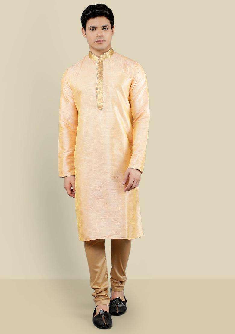 Peach Woven Design Silk Blend Kurta Set For Men - Indya