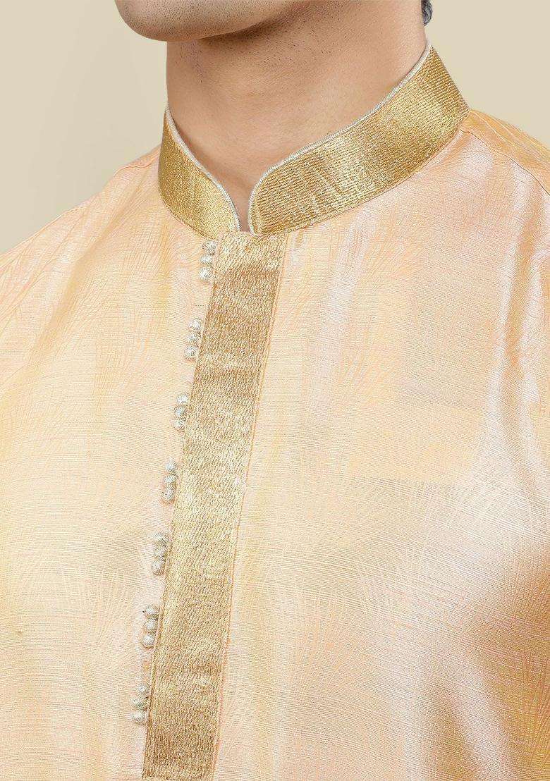 Peach Woven Design Silk Blend Kurta Set For Men - Indya