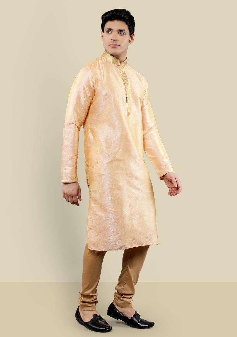 Peach Woven Design Silk Blend Kurta Set For Men - Indya