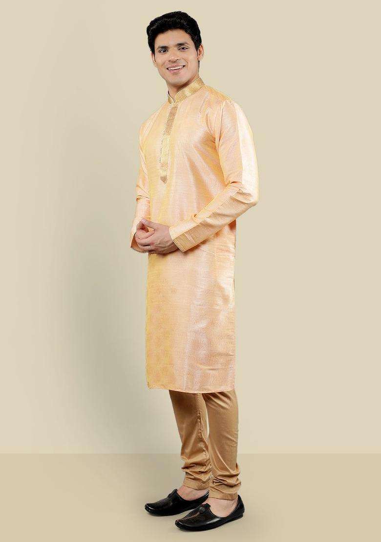 Peach Woven Design Silk Blend Kurta Set For Men - Indya