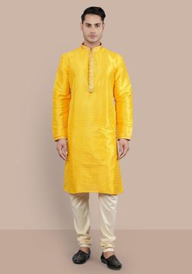 Yellow Woven Design Silk Kurta Set For Men